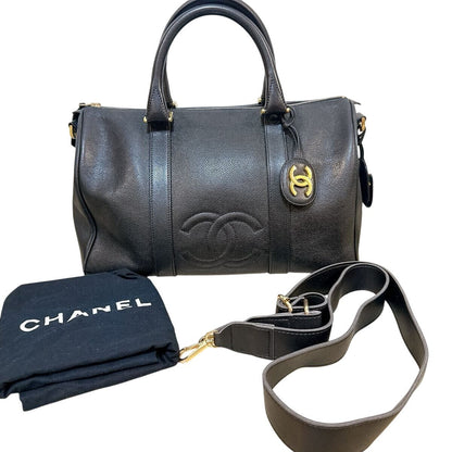 Chanel Caviar Leather Large Bowler Bag Travel Bag Duffle Black CC Tote
