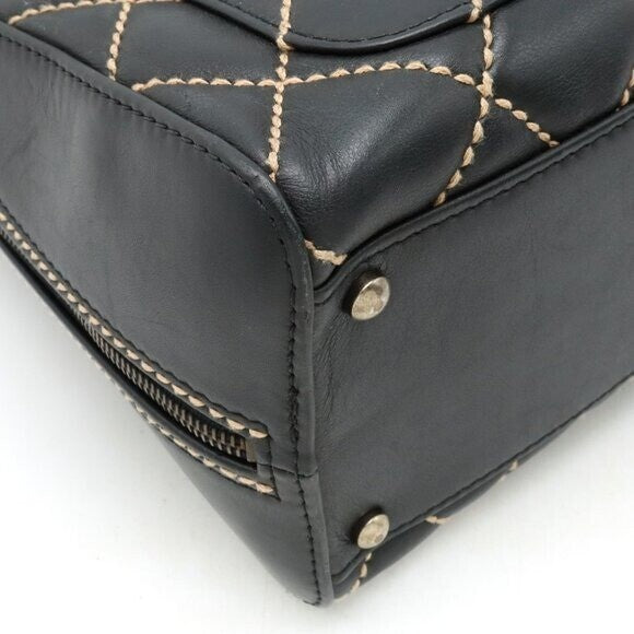 Chanel CC Wild Stitch Vintage Quilted Shoulder Bag Tote Calfskin Black