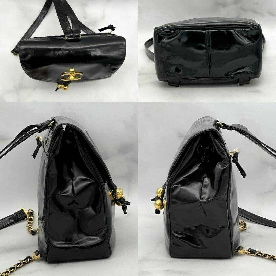 Chanel CC Vintage Backpack Bag Patent Leather Black Turnlock Chain