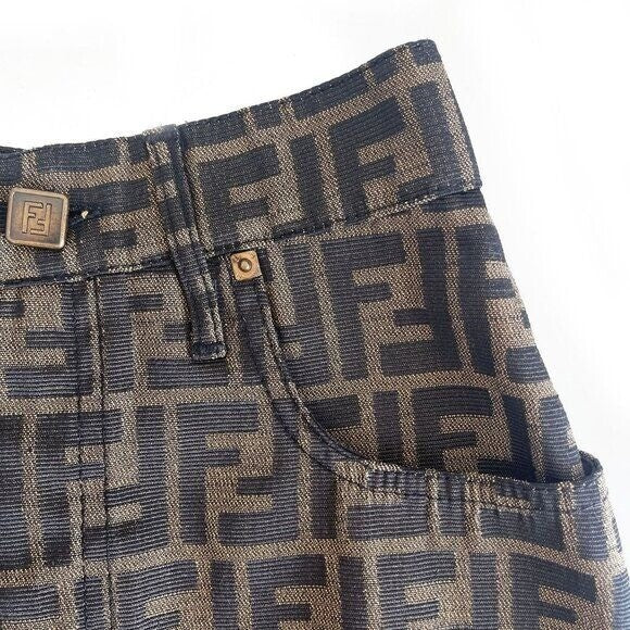 Authentic Fendi Ff Zucca Vintage Printed Mini Skirt Brown Tan Pockets