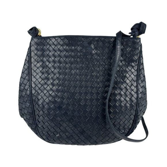 Bottega Veneta Intrecciato Nappa Shoulder Bag Purse Navy Black Leather