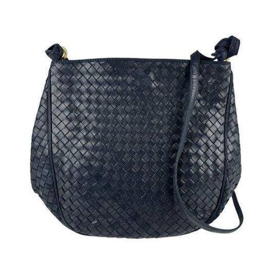 Bottega Veneta Intrecciato Nappa Shoulder Bag Purse Navy Black Leather