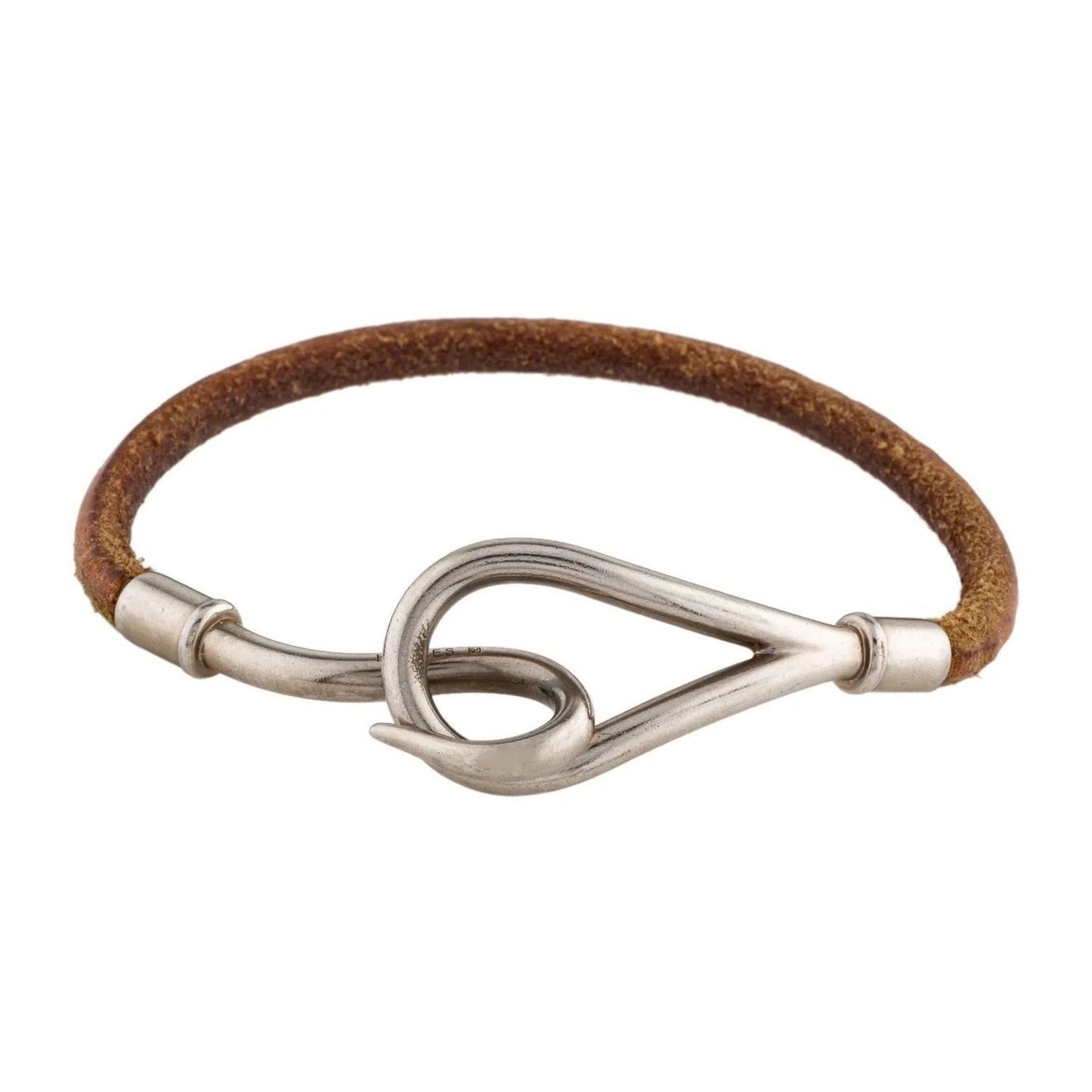 Hermes Jumbo Hook Bracelet Stainless Steel Leather Silver Brown