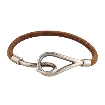 Hermes Jumbo Hook Bracelet Stainless Steel Leather Silver Brown