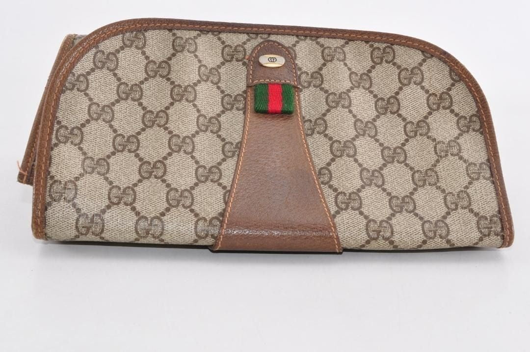 Gucci GG Supreme Ophidia Sherry Line Clutch Bag Wallet Web Canvas Tan
