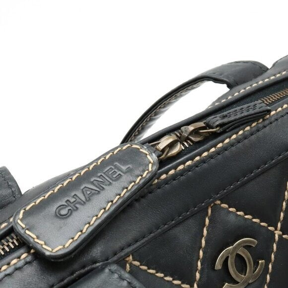 Chanel CC Wild Stitch Vintage Quilted Shoulder Bag Tote Calfskin Black