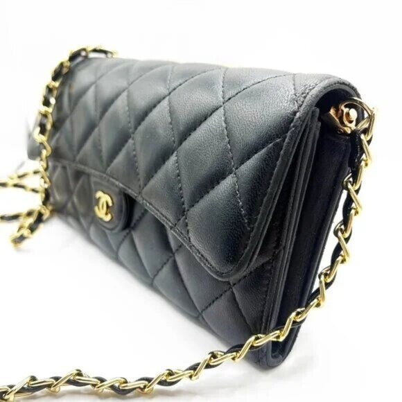 Chanel Lambskin Quilted Leather Wallet Chain Flap Black Purse Tote