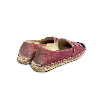 Chanel CC Logo Linen Pink Black Espadrilles Flats Shoes 38