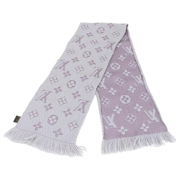 Louis Vuitton Logomania Silk Wool Scarf Monogram Grey Light Purple Pink