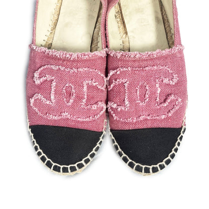 Chanel CC Logo Linen Pink Black Espadrilles Flats Shoes 38
