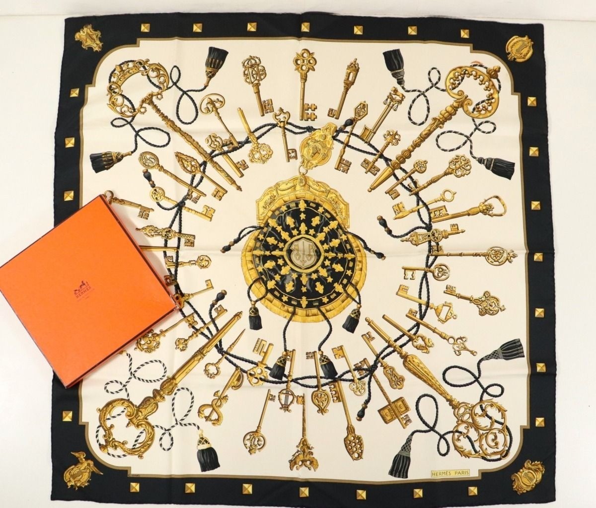 Hermes Silk Scarf Carre 90 Les Cles the Keys by Caty Latham Black White