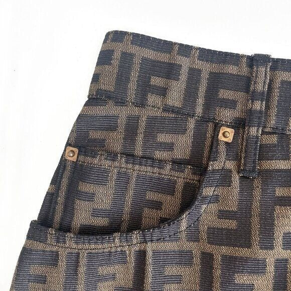 Authentic Fendi Ff Zucca Vintage Printed Mini Skirt Brown Tan Pockets