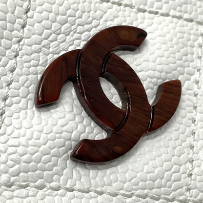 Chanel CC Vintage Caviar Leather Tote White Shoulder Bag Wooden Ring Handle