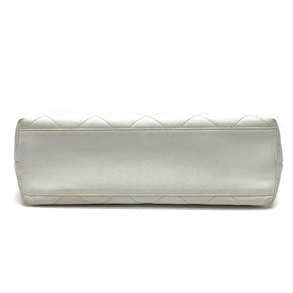 Chanel CC Vintage Caviar Leather Tote White Shoulder Bag Wooden Ring Handle