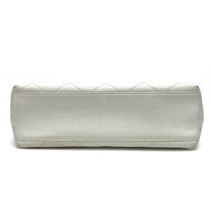 Chanel CC Vintage Caviar Leather Tote White Shoulder Bag Wooden Ring Handle