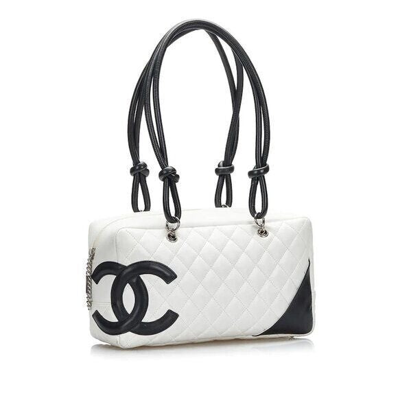 Chanel Cambon Quilted Ligne Shoulder Bowling Bowler Bag Tote White