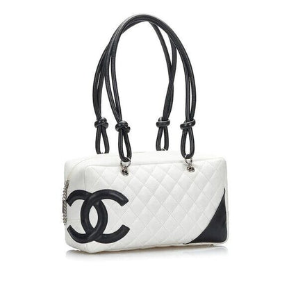 Chanel Cambon Quilted Ligne Shoulder Bowling Bowler Bag Tote White