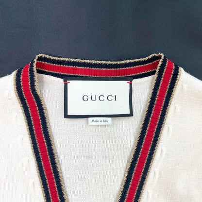 Gucci Ivory Cream Web Stripe Trimmed Buttons Wool Cardigan Sweater Long Sleeve