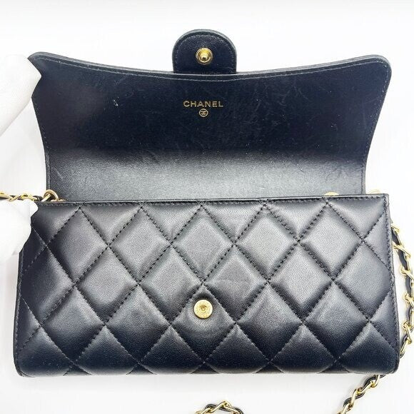 Chanel Lambskin Quilted Leather Wallet Chain Flap Black Purse Tote