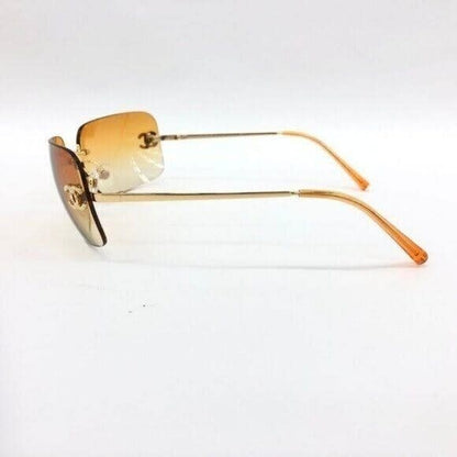 Chanel Vintage Sunglasses Rhinestone CC Logo Rimless Gradient Gold Orange