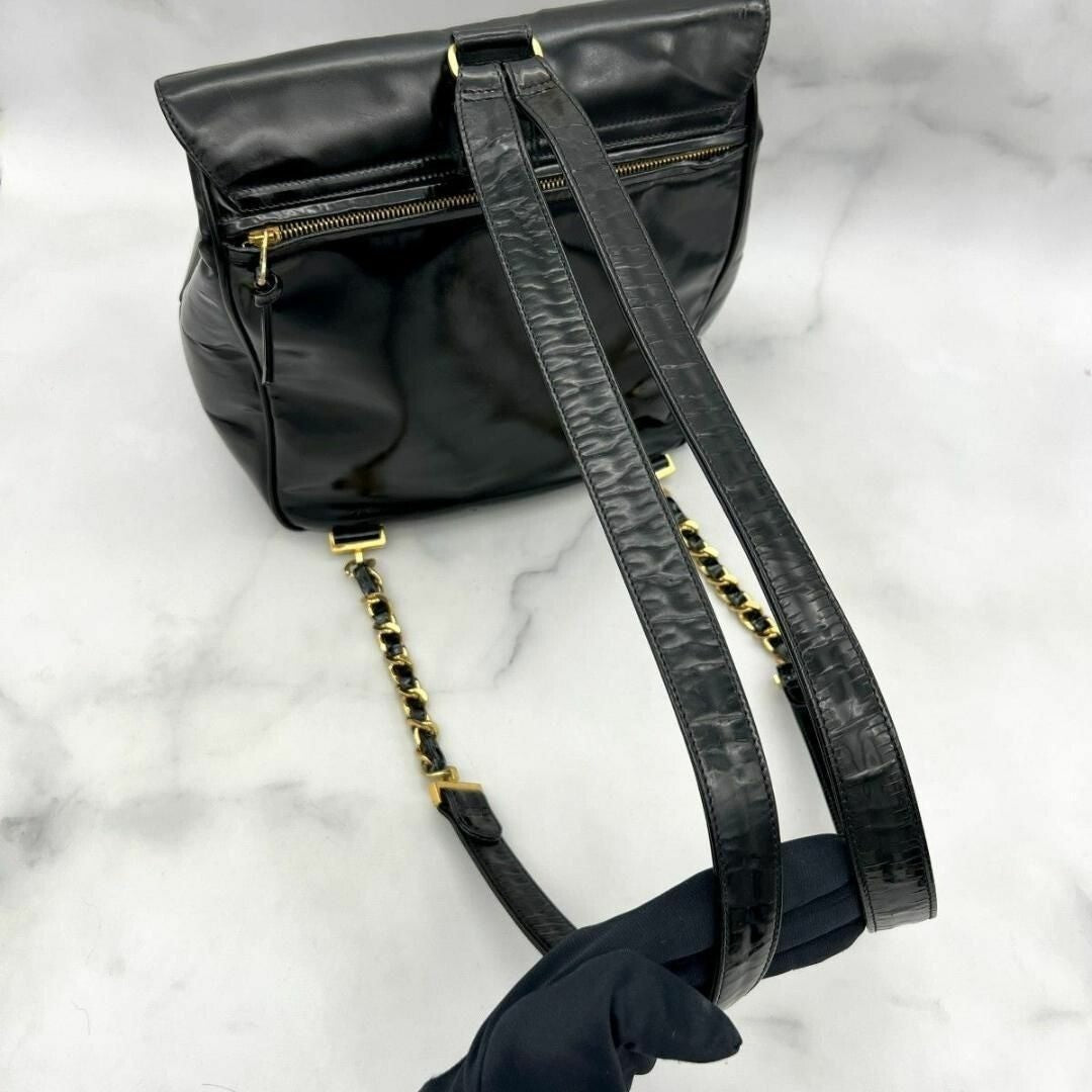 Chanel CC Vintage Backpack Bag Patent Leather Black Turnlock Chain