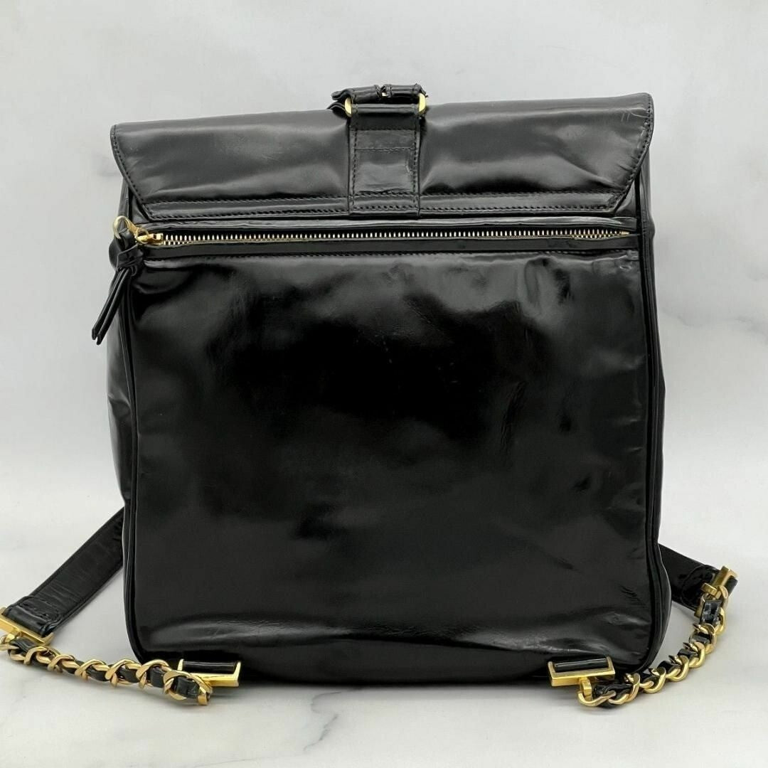 Chanel CC Vintage Backpack Bag Patent Leather Black Turnlock Chain
