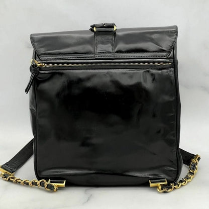 Chanel CC Vintage Backpack Bag Patent Leather Black Turnlock Chain