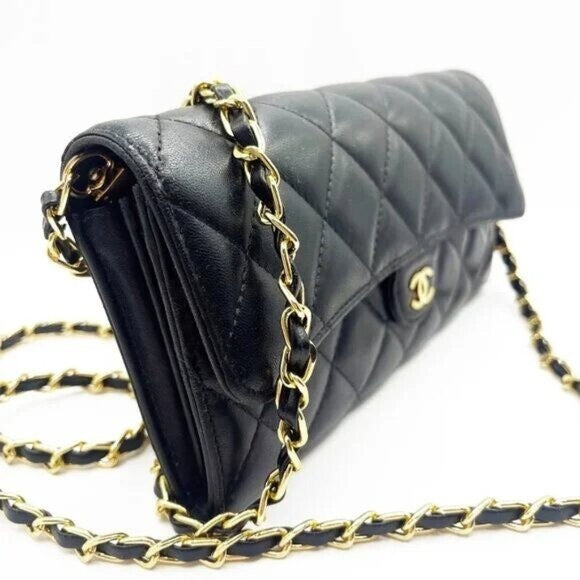 Chanel Lambskin Quilted Leather Wallet Chain Flap Black Purse Tote