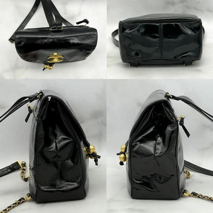 Chanel CC Vintage Backpack Bag Patent Leather Black Turnlock Chain