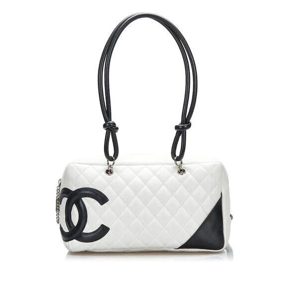 Chanel Cambon Quilted Ligne Shoulder Bowling Bowler Bag Tote White