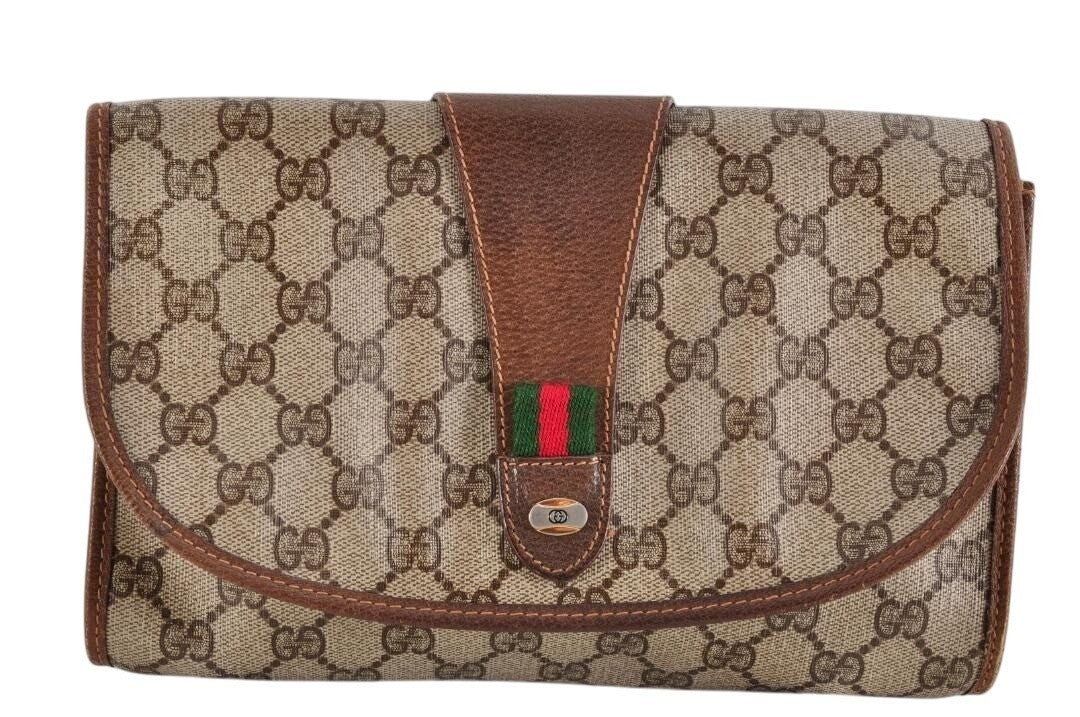 Gucci GG Supreme Ophidia Sherry Line Clutch Bag Wallet Web Canvas Tan