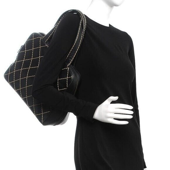 Chanel CC Wild Stitch Vintage Quilted Shoulder Bag Tote Calfskin Black