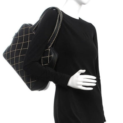 Chanel CC Wild Stitch Vintage Quilted Shoulder Bag Tote Calfskin Black