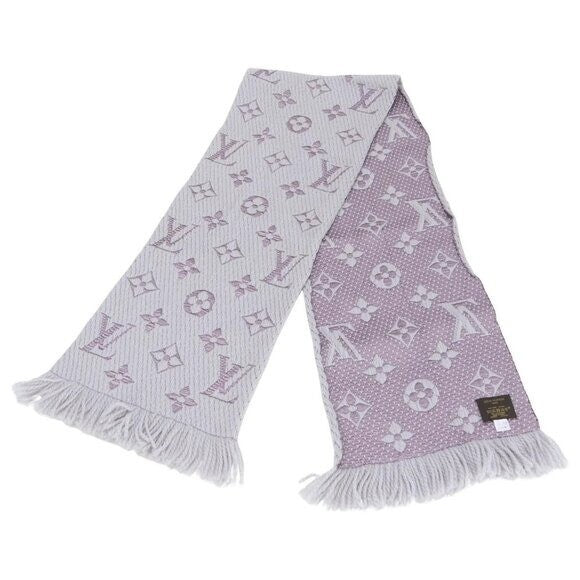 Louis Vuitton Logomania Silk Wool Scarf Monogram Grey Light Purple Pink