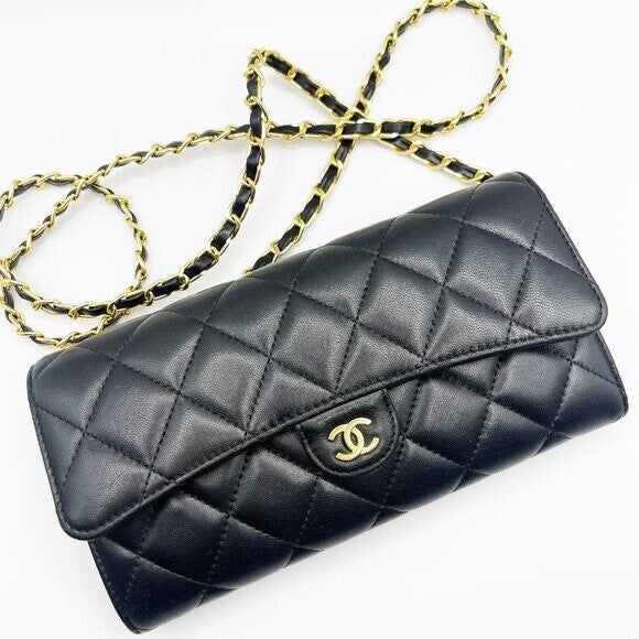 Chanel Lambskin Quilted Leather Wallet Chain Flap Black Purse Tote