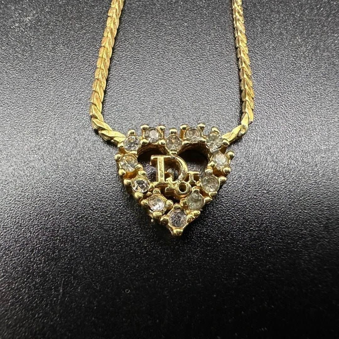 Christian Dior Vintage Rhinestone Crystal Heart Necklace Gold Plated