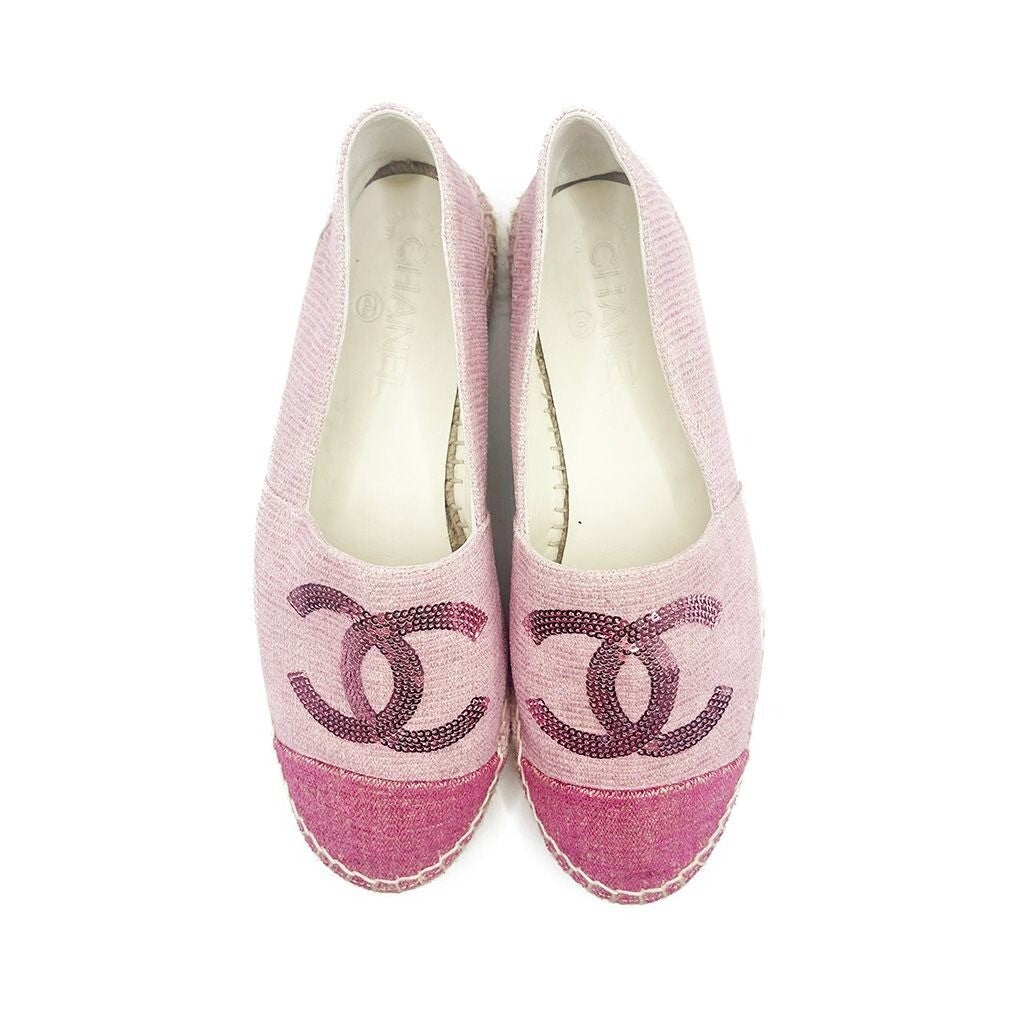 Chanel CC Logo Canvas Pink Sequin Espadrilles Flats Shoes 38