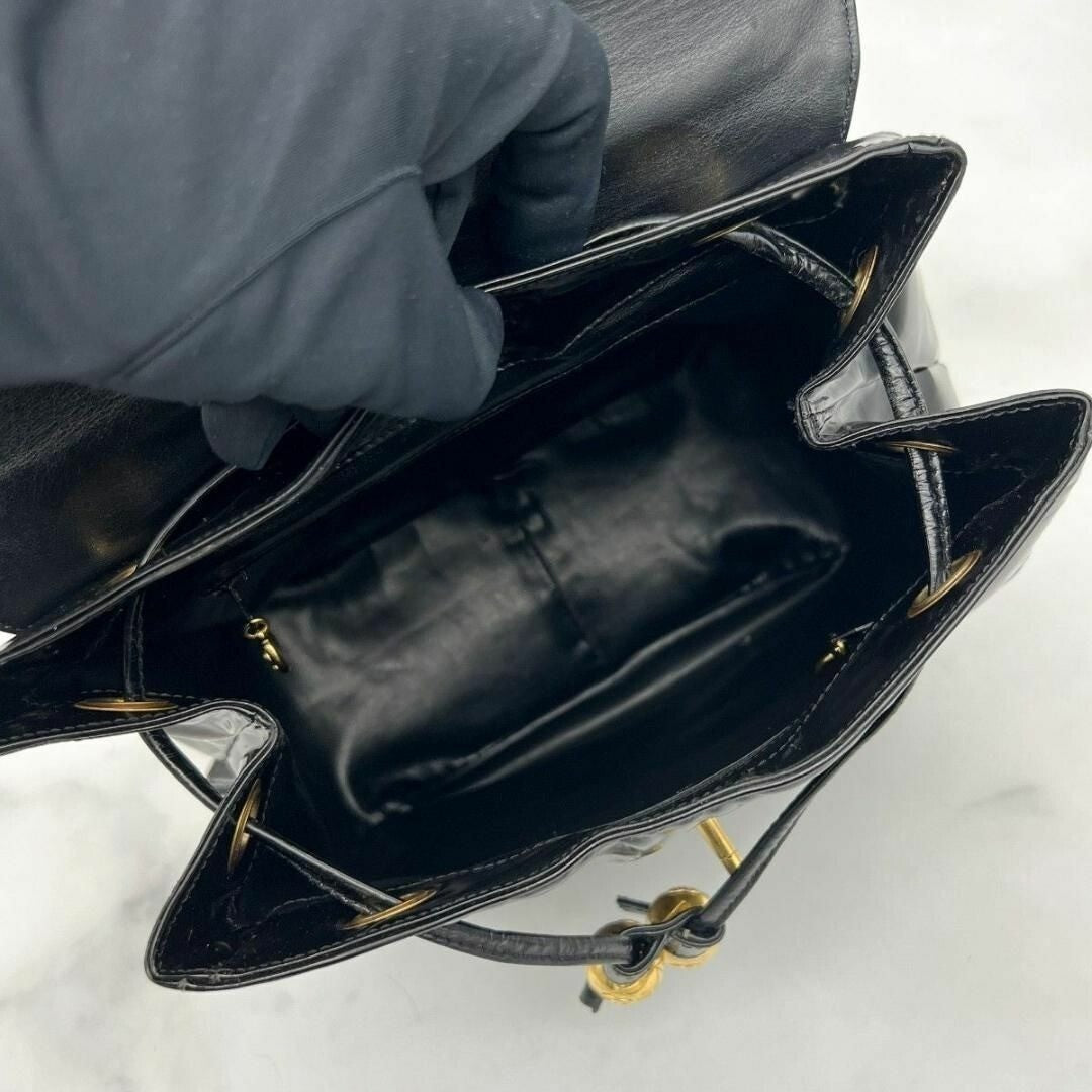Chanel CC Vintage Backpack Bag Patent Leather Black Turnlock Chain