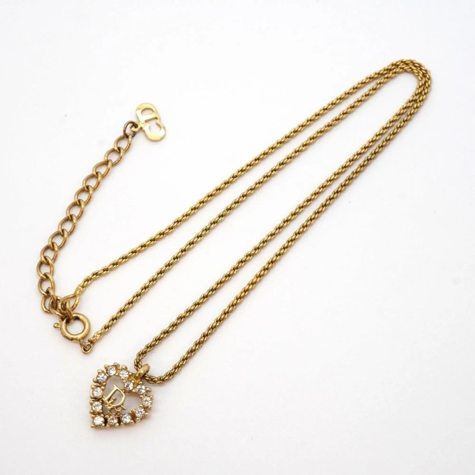 Christian Dior Vintage Rhinestone Crystal Heart Necklace Gold Plated