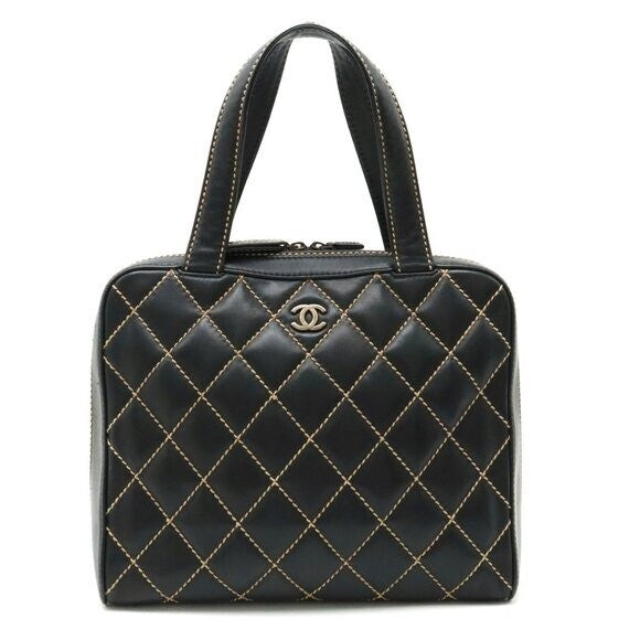 Chanel CC Wild Stitch Vintage Quilted Shoulder Bag Tote Calfskin Black
