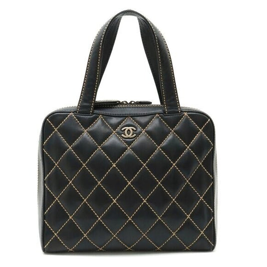 Chanel CC Wild Stitch Vintage Quilted Shoulder Bag Tote Calfskin Black