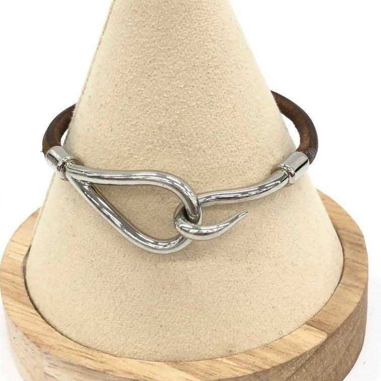 Hermes Jumbo Hook Bracelet Stainless Steel Leather Silver Brown