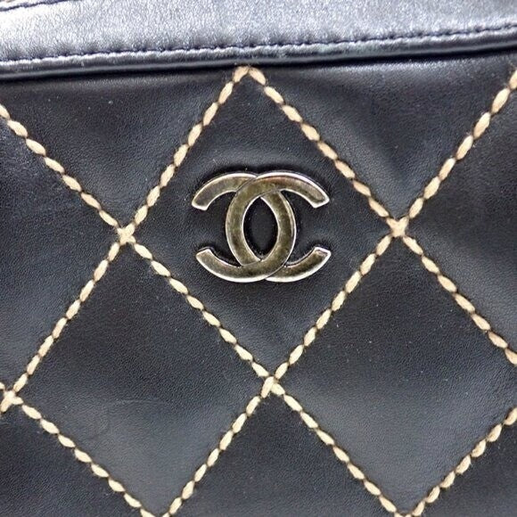 Chanel CC Wild Stitch Vintage Quilted Shoulder Bag Tote Calfskin Black