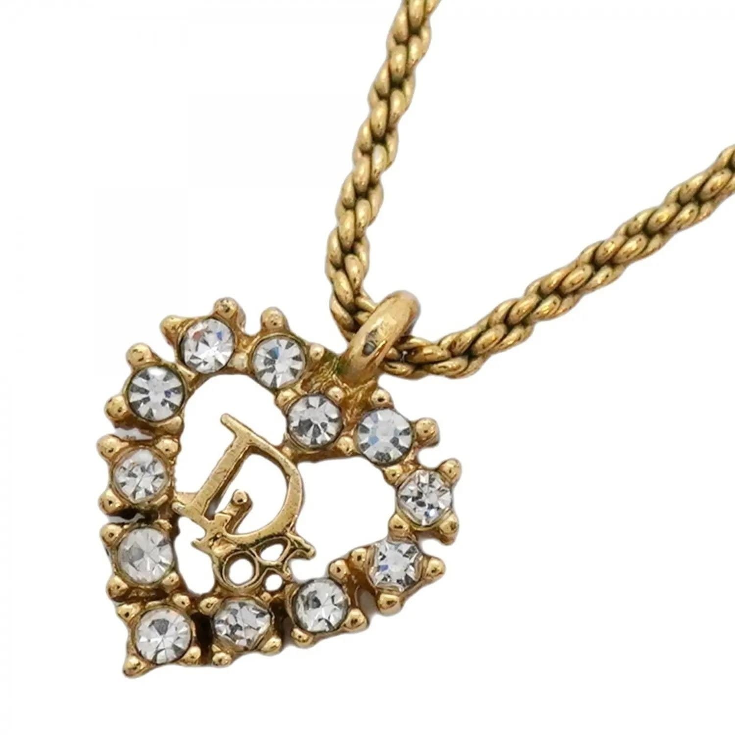 Christian Dior Vintage Rhinestone Crystal Heart Necklace Gold Plated