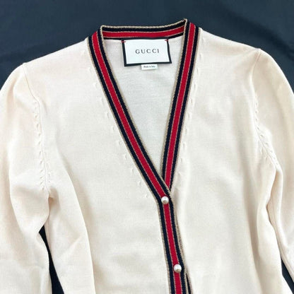 Gucci Ivory Cream Web Stripe Trimmed Buttons Wool Cardigan Sweater Long Sleeve