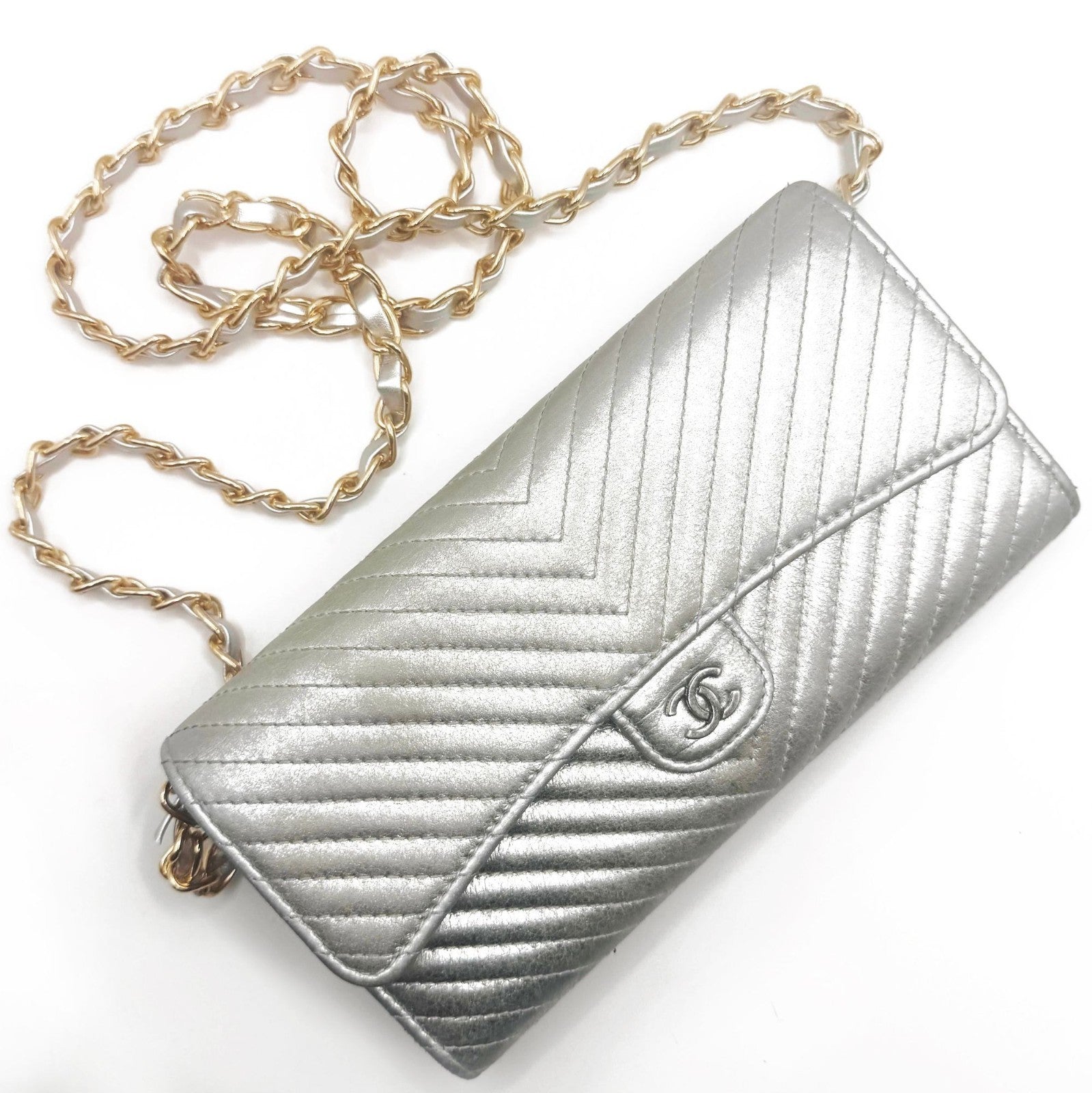 Authentic Chanel CC Chevron Timeless Caviar Flap Wallet Chain Purse Silver Bag