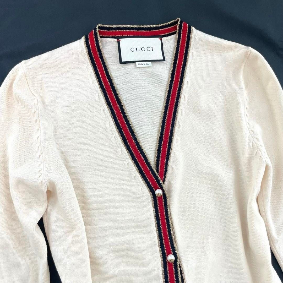 Gucci Ivory Cream Web Stripe Trimmed Buttons Wool Cardigan Sweater Long Sleeve S