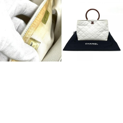 Chanel CC Vintage Caviar Leather Tote White Shoulder Bag Wooden Ring Handle