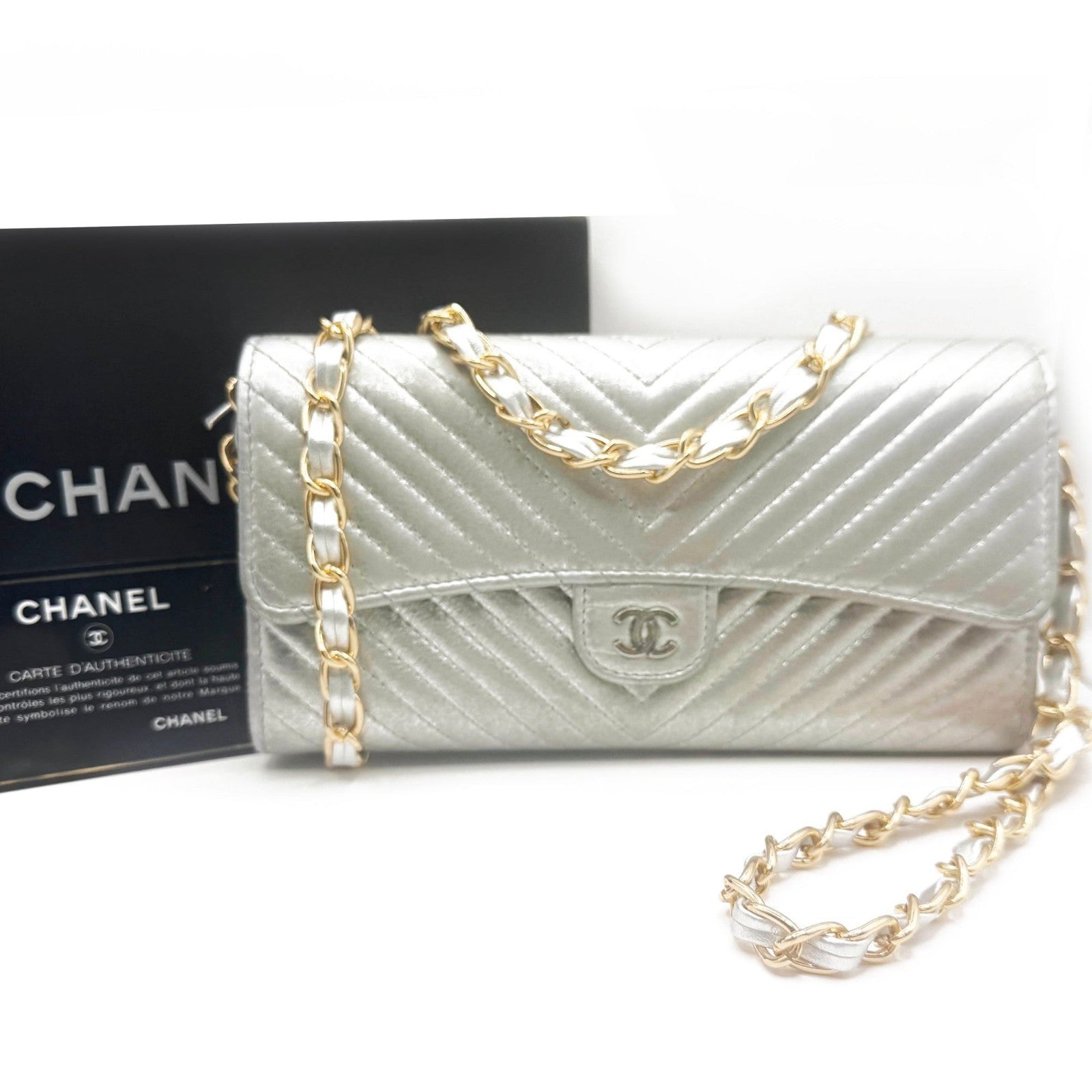 Authentic Chanel CC Chevron Timeless Caviar Flap Wallet Chain Purse Silver Bag