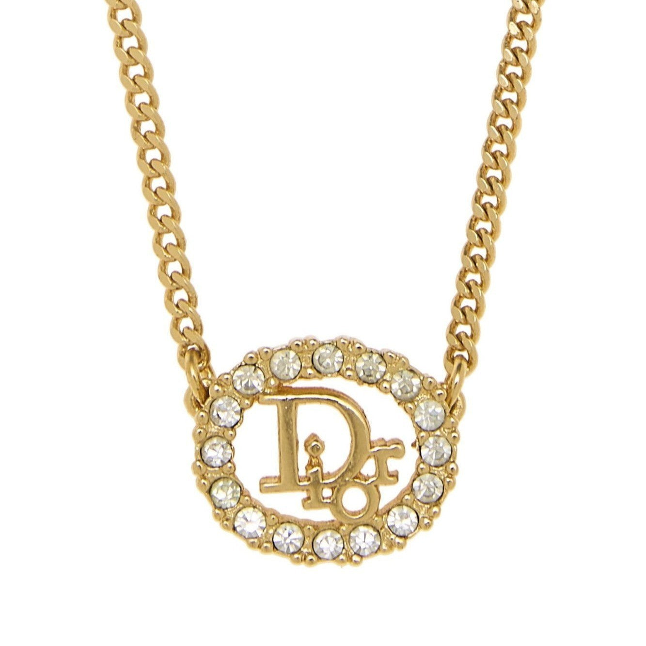Christian Dior Vintage Rhinestone Crystal Round Necklace Gold Plated